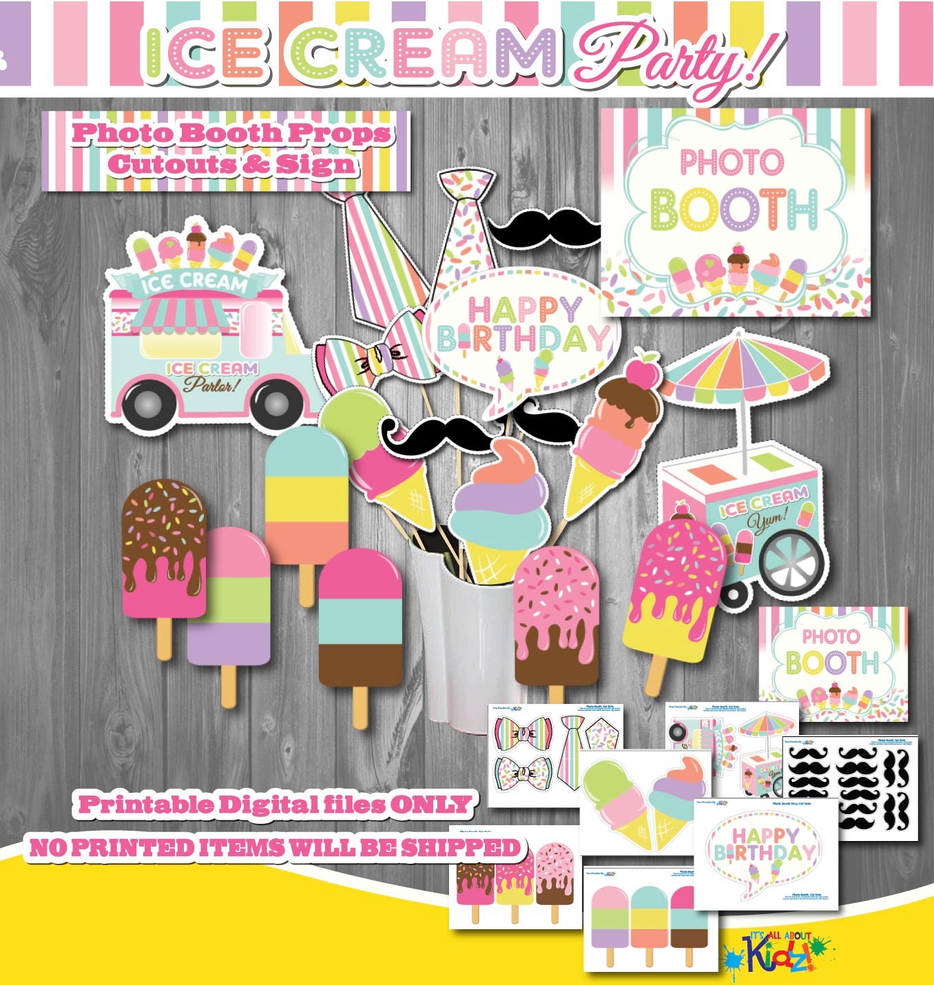Ice Cream Birthday Photo Booth Props Printable Ice Cream
