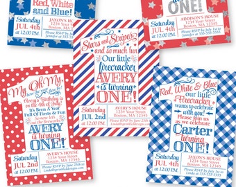 4th of July Birthday Invitations - Little Firecracker First Birthday Invitation, Patriotic Red White Blue 1st Birthday Invitation Boys Girls