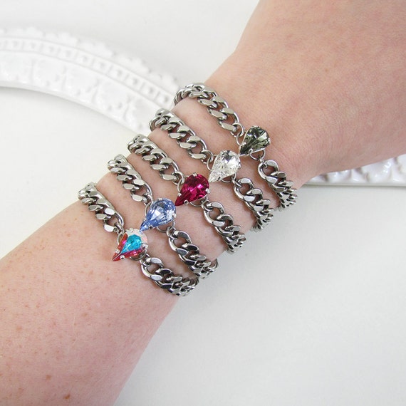 Single Teardrop Swarovski Bracelet / Crystal Chain / Curb