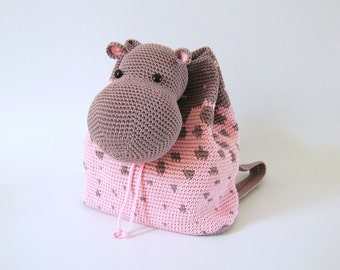 Crochet pattern for hippo backpack. Cute and practical accessory for kids. Charts with symbols, written instructions, photo tutorial.