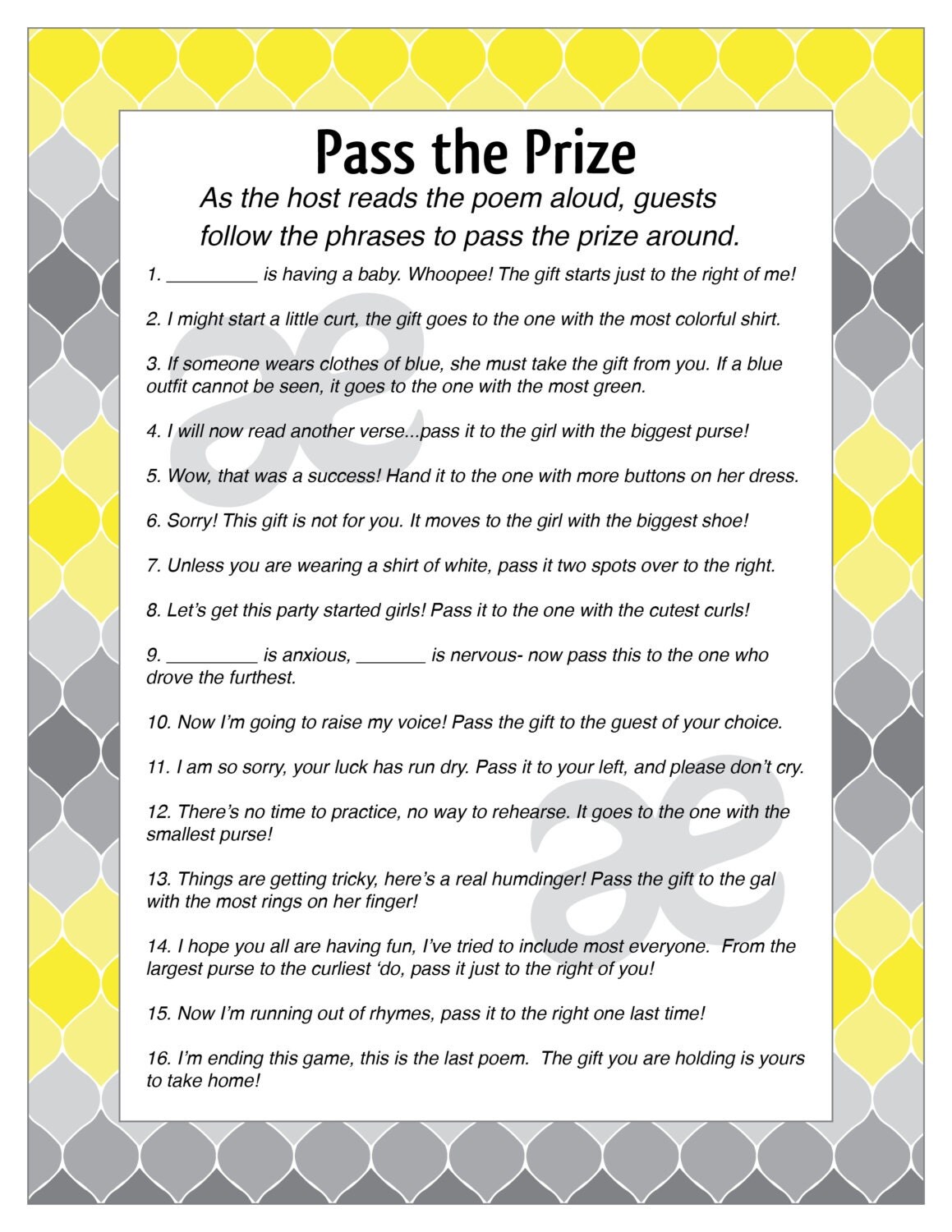 Printable Customizable Baby Shower Activity: Pass the Prize