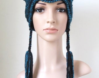 Black Cat Ear Hat, Women's Kitty Beanie, Teen Girl Winter Hat, Ladies Earflap Hat, Gifts for Cat Lovers, Unique Crochet Hat