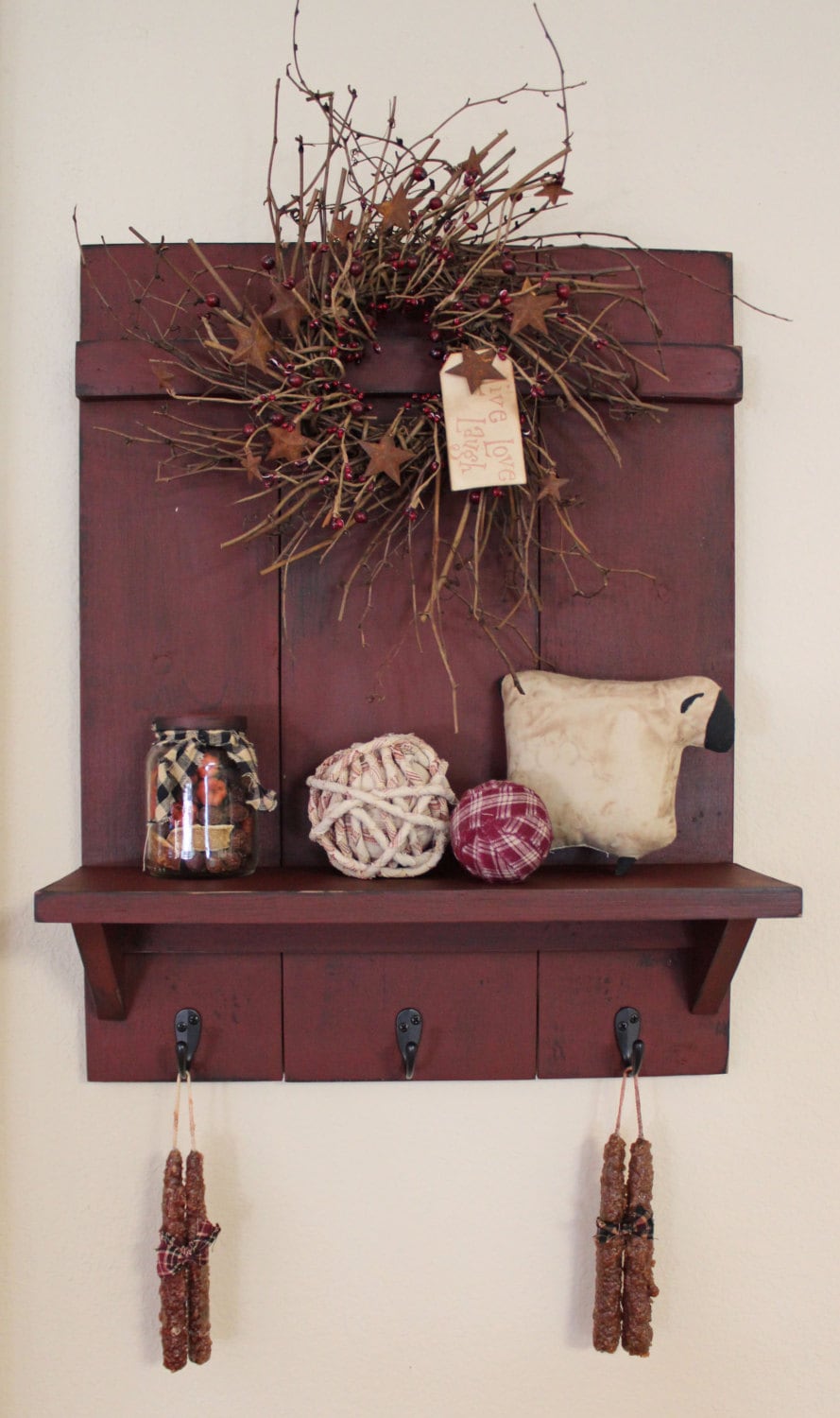 Handmade Primitive Country Distressed Wall Shelf with 3 Rubbed on What To Put On Decorative Wall Sconces Shelves id=62860