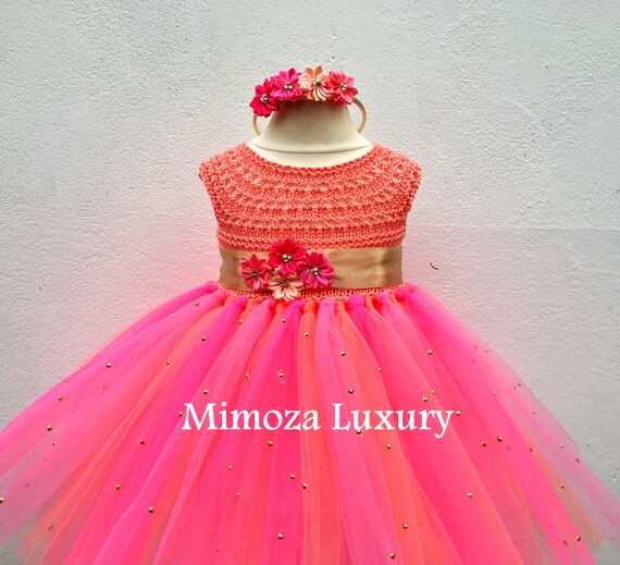 Hawaii Flowergirl dress, tutu dress, Tropical bridesmaid dress, princess dress, silk crochet top tulle dress, hand knit silk top tutu dress