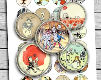 Wizard of Oz Round images 1.5" 1" Classic Illustrations for Bottle caps Printable Digital Collage Sheet