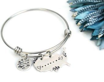 Long Distance Relationship Bracelet Custom Miles Bracelet | Hand Stamped Jewelry | Expandable Bangle | Charm Bracelet | Gift For Her