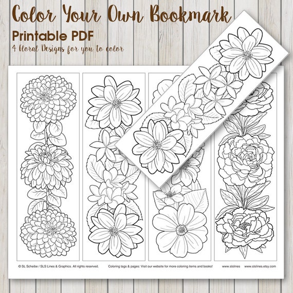 Instant Download Bookmark Coloring with pretty flower design
