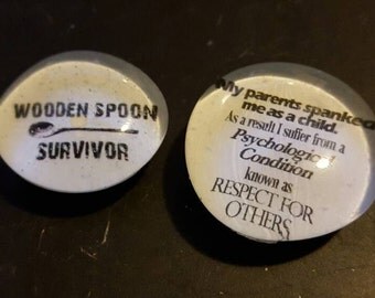 2 funny, strong glass magnets, wooden spoon survivor, psychology, humor refrigerator magnets, fridge art, kitchen decor, adult, office decor
