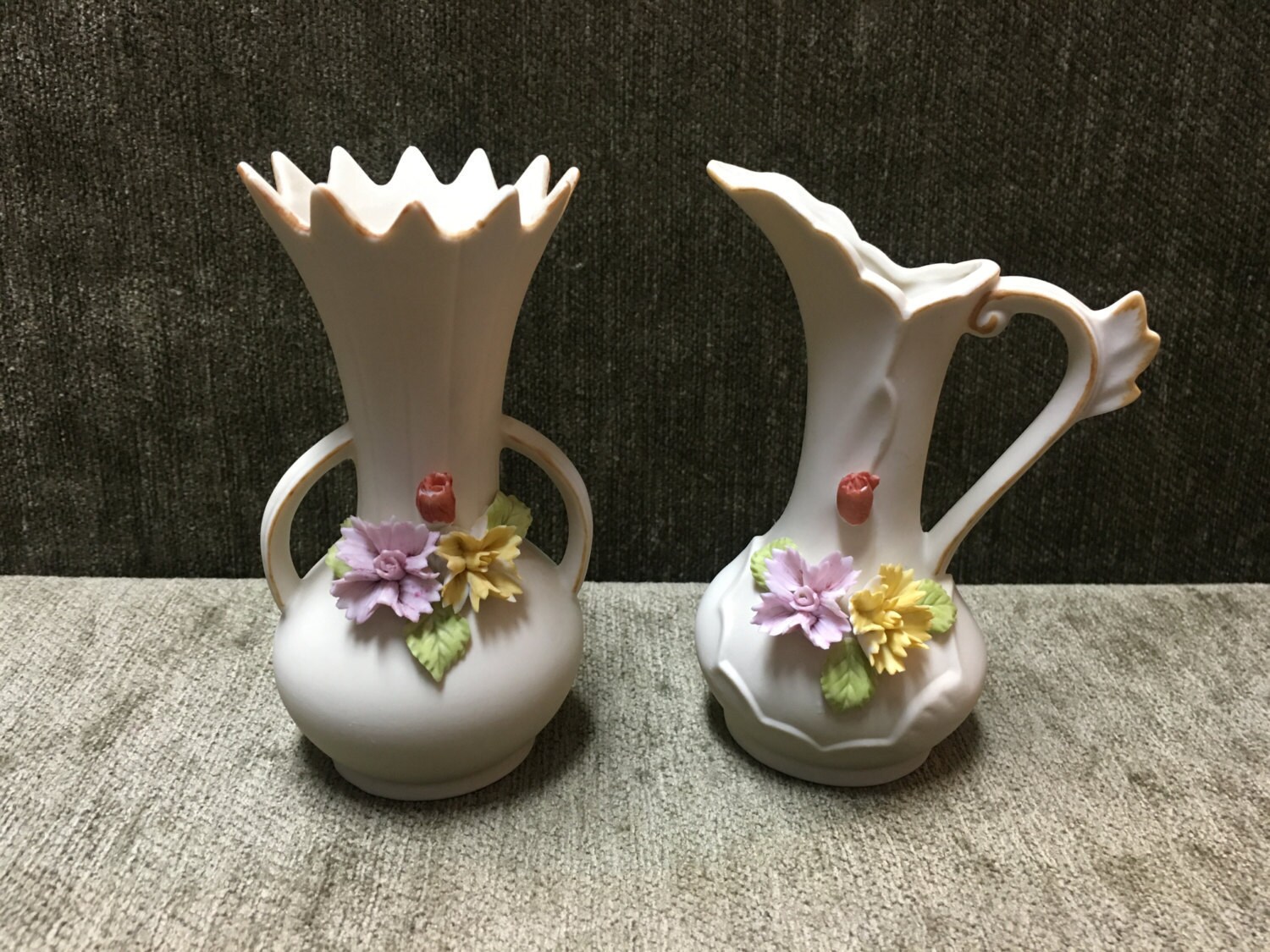 Arnart Bisque Porcelain Capodimonte Style Floral Vases