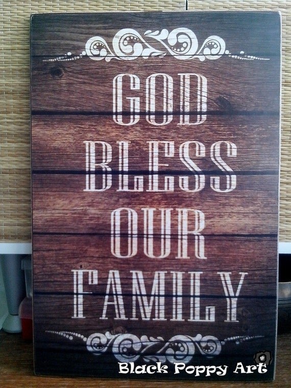 God Bless Our Family Quote/Burlap and Wood Wall by BlackPoppyArt