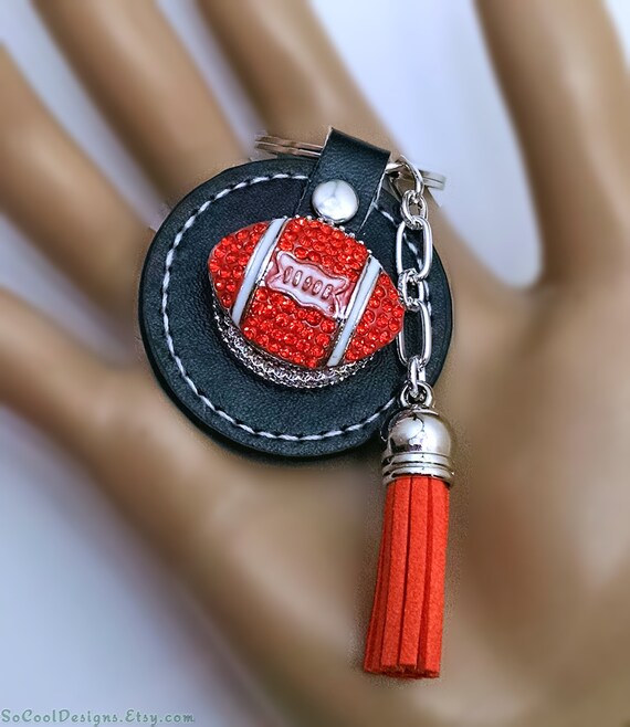 Football Key Ring With Chunky Snap Style Orange Rhinestone