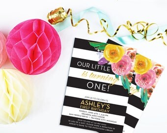 First Birthday Invitation, Our Little One is Turning One Invite Printable, Black White, Girl's Birthday Party, Watercolor, Child Birthday