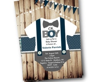 Onesie Baby Shower invitation boy bowtie bow tie suspenders rustic oh boy little man baby shower invite gray grey teal blue turquoise