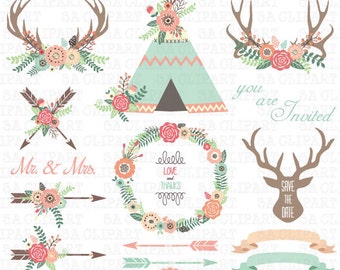 Floral Tribal ClipArt " FLORAL TEEPEE TENTS "clip art.Floral Antlers,Teepee Tents,Wedding floral,Arrow,Wreath,Wedding Invitation Trb011