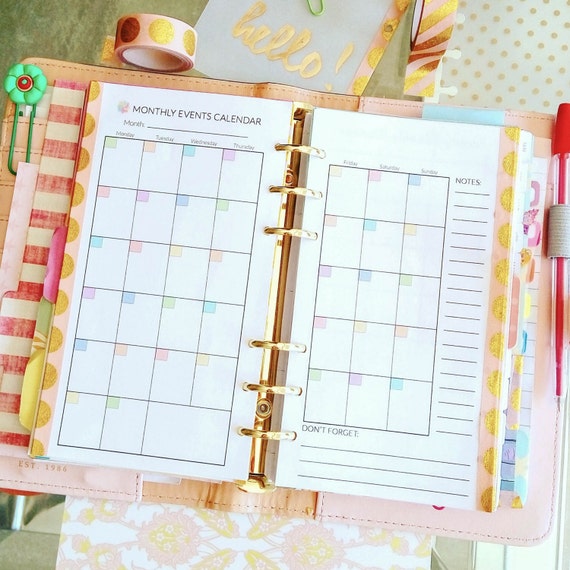MONTHLY Personal Size Planner. Printable pdf 3.7x6.7 Filofax