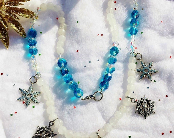Snowflake Necklace ~ Snowy Gemstones, Sparkly Crystals and Silver Charms ~ Perfect for Ice Skating Gift, Winter Themed Wedding, New Year Eve
