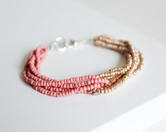 Pink and gold bracelet, seed bead loop bracelet, beaded bracelet, multistrand bracelet, blue and gold bracelet