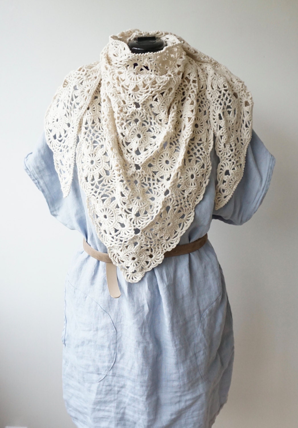 Triangle Scarf / Shawl / Ivory / Hand Crocheted / Evening Wrap