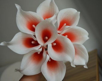 10 Coral Picasso Calla Lilies Real Touch Flowers DIY Wedding Bouquets Coral Silk Bridal Bouquets Wedding Centerpieces