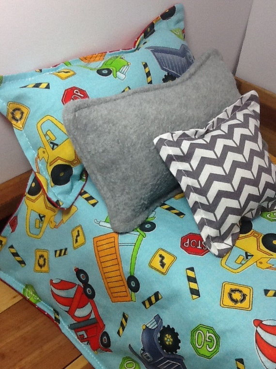 Boy Doll Bedding colorful construction cars blue fabric red