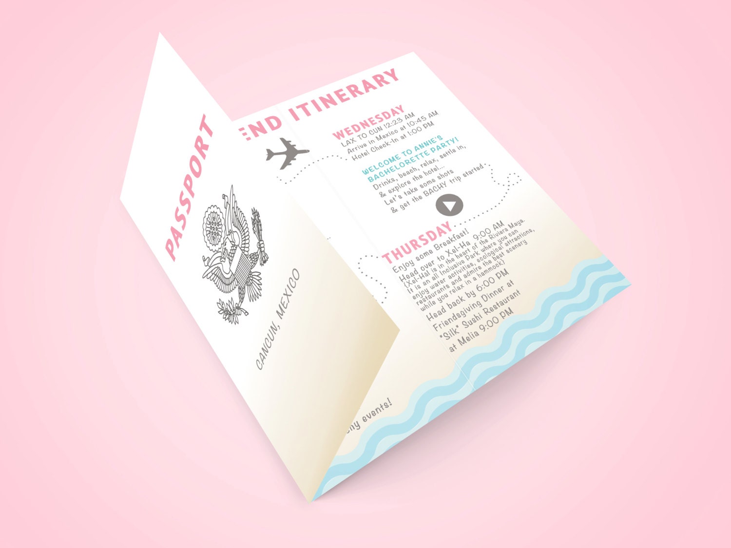 PASSPORT ITINERARY brochure tri-fold pamphlet features trip itinerary, games, info for tropical vacation or bachelorette party