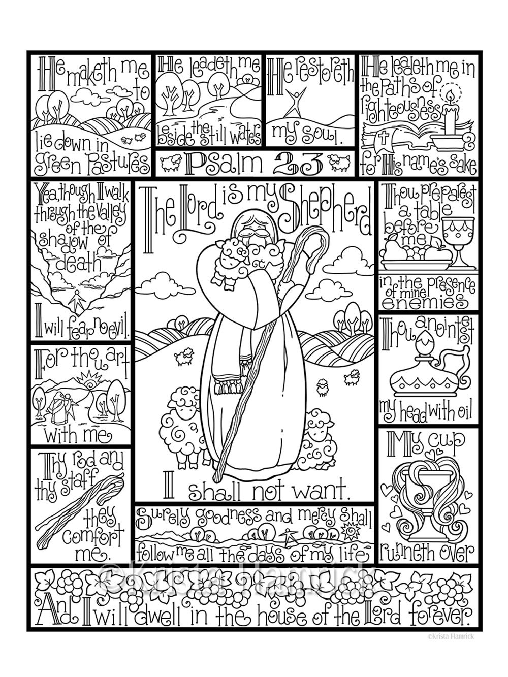 Psalm 23 coloring page in three sizes 85X11 8X10 suitable