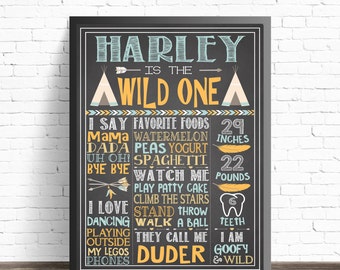 Wild One First Birthday Chalkboard Sign / Tribal Party Decorations / Arrows and Feathers / Boho Baby Birthday / Printable Poster