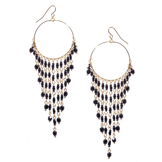 Black Beaded Chandelier Hoop Earrings