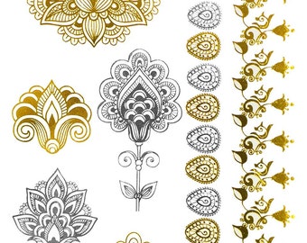 Metallic Indian Henna Temporary Tattoo Gold Silver Holiday Gift Present Flash Tattoos Metallic Tattoos Henna Temporary Tattoos