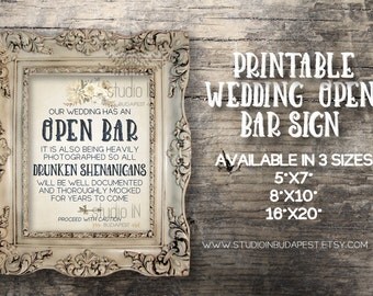 Open bar sign, Rustic wedding sign, Wedding reception, printable wedding bar decorations, rustic open bar sign, INSTANT DOWNLOAD!