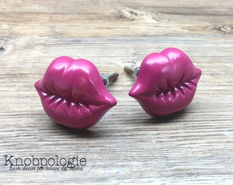 SET OF 2 LIPS - Pink Metal Kissing Lips Knob - Rock and Roll Inspired Drawer Pull - Decorative Knob - Rolling Stones Kiss Cabinet Decor