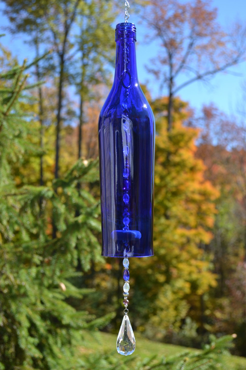 Wine Bottle Wind Chime/Blue Bottle Wind by WhiteRoosterShoppe