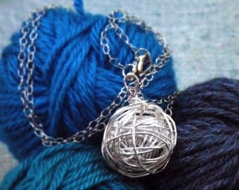 Silver Yarn Necklace, Hand-wound wire wrapped ball of "yarn" large pendant on long silver chain