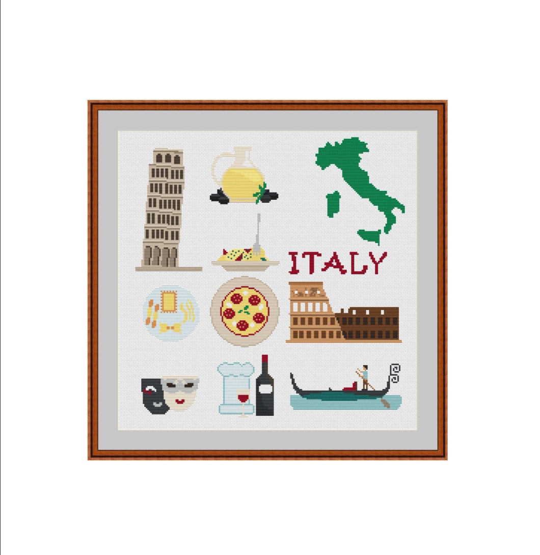 Italy cross stitch Italy map Rome Venice Coliseum Leaning