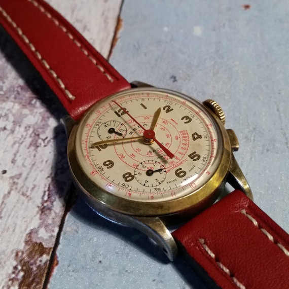 Rego Sport Vintage Telemeter Watch. Gold Vintage Watch, Dual Subdial. Vintage Dual Dial Watch. Mens Gold Watch.  Red Strap.