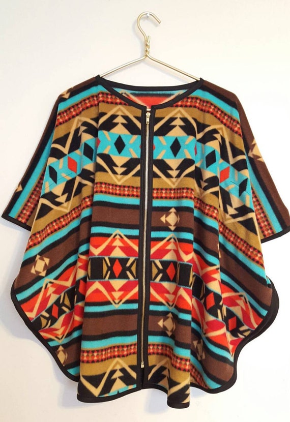 Short Sleeve Southwestern Print Fleece Poncho by CabinInTheCity