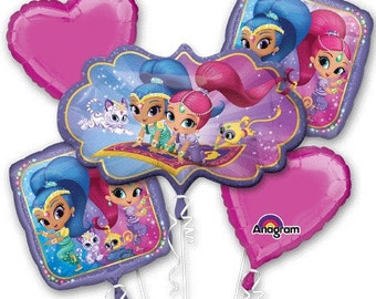 Shimmer & Shine – Bouquet Of Mylar Balloons - 5 Foil Balloon Bouquet - Genies-in-training