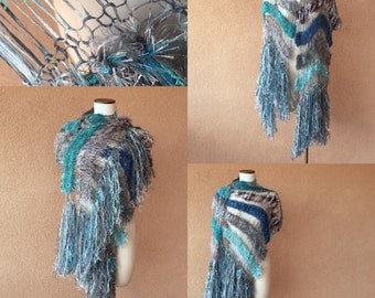 Teal Shawl Aqua Scarf Ocean Seafoam Turquoise Grey Black White Charcoal Hand Knit Striped Fringe Shawl Wrap Cape