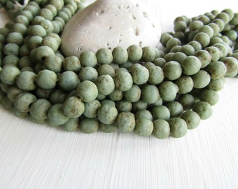 Green glass beads, rustic round lampwork beads, matte opaque , gritty textured aged look , indonesian (16 beads) 6ak1-5