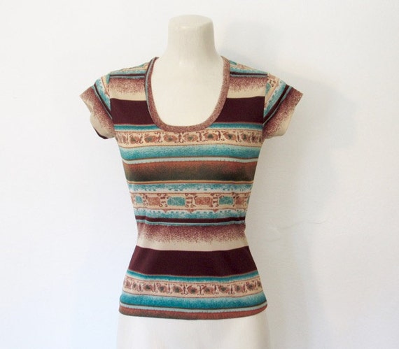 Vintage 1970s Huk-A-Poo Shirt / Brown & Teal Striped Nylon