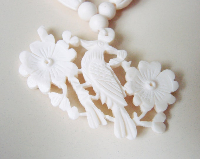 Vintage Hand Carved Bone Necklace / Bird Flower Motif / Wedding Bridal / Tribal Jewelry / Artisan / Jewelry / Jewellery