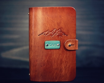 Personalized Leather journal, Notebook, Travel Diary, Journal, Sketchbook, Brown stain, wanderlust Mountains, handmade, Custom name initials