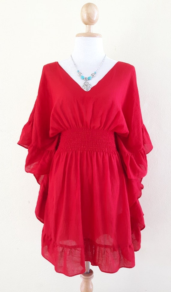 Short Red Kimono Dress/V neck/Summer dresses// maxi summer