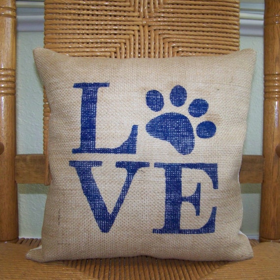 Puppy pillow Love paw print pillow cover Dog pillow Burlap