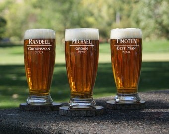 Personalized Pilsner Beer Glasses / Etched Glasses / Engraved Glass / Custom / Groomsman Gifts / Bridesmaid / Wedding/ Select ANY QUANTITY