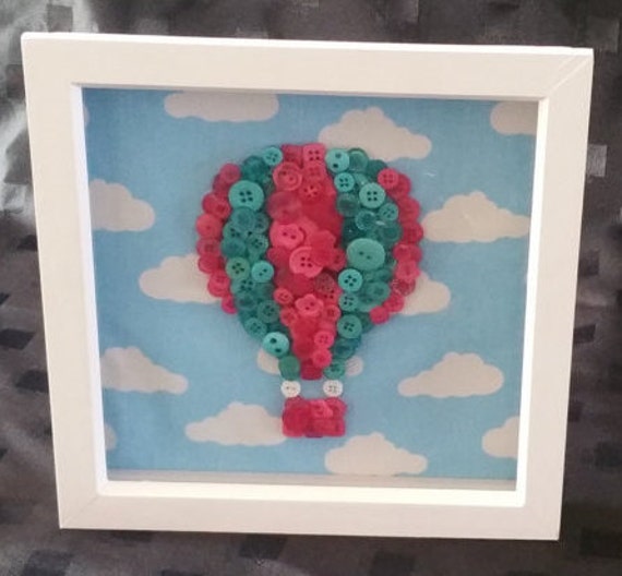 Button art box framed hot air balloon. Nursery wall art ideal