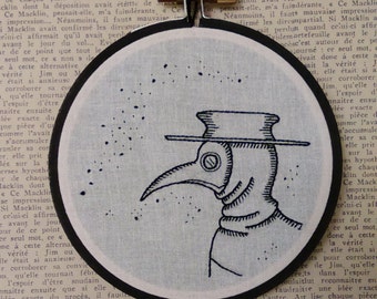 Plague doctor mask black and white embroidery hoop art gothic home decor wall art 4 inch hoop