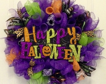 Halloween Wreath Halloween Wreaths for Front Door, Geo mesh Deco Mesh Wreath, Spider Web Ribbon, Sign Wreath, Fall Autumn Wreath