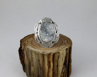 White and Grayish Blue Druzy Quartz Sterling Silver Ring