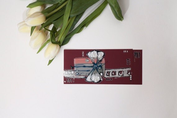 Handmade blank greeting card - Blue dragonfly - minimalist primitive art greeting card silver oxblood pink gray blue original painting OOAK
